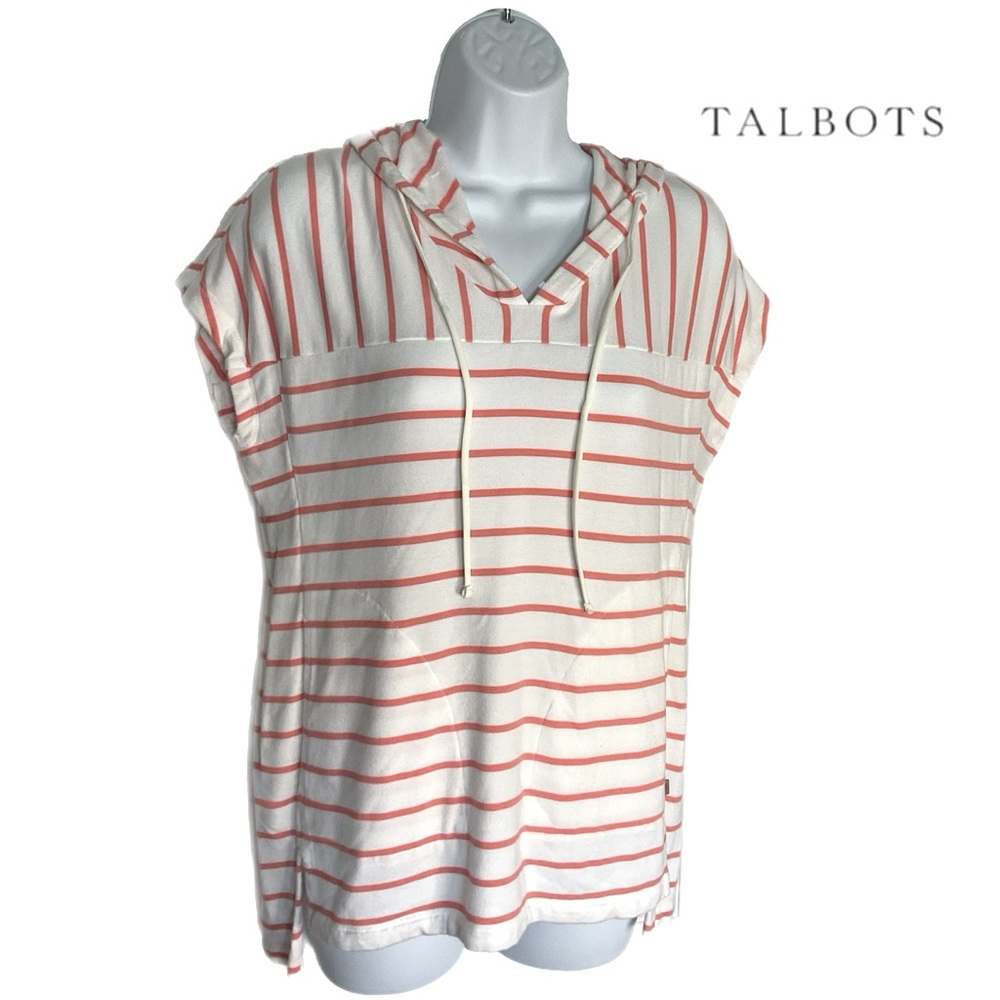 Talbots XS Peachy Orange & White Stripe Hoodie French Pockets Drawstring Soft